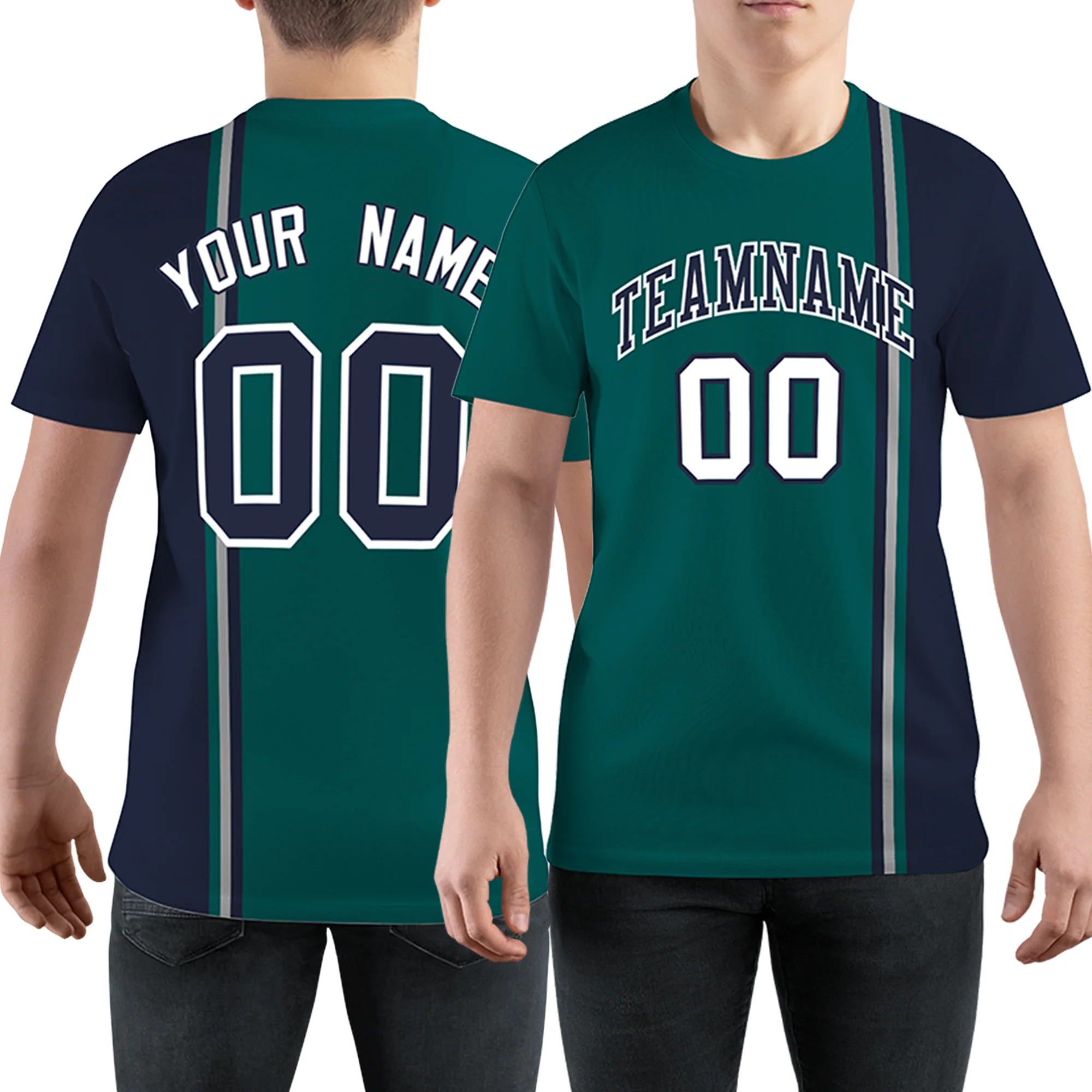 Custom Aqua Navy-Gray-Navy Crew neck Color Contrast Design T-Shirts