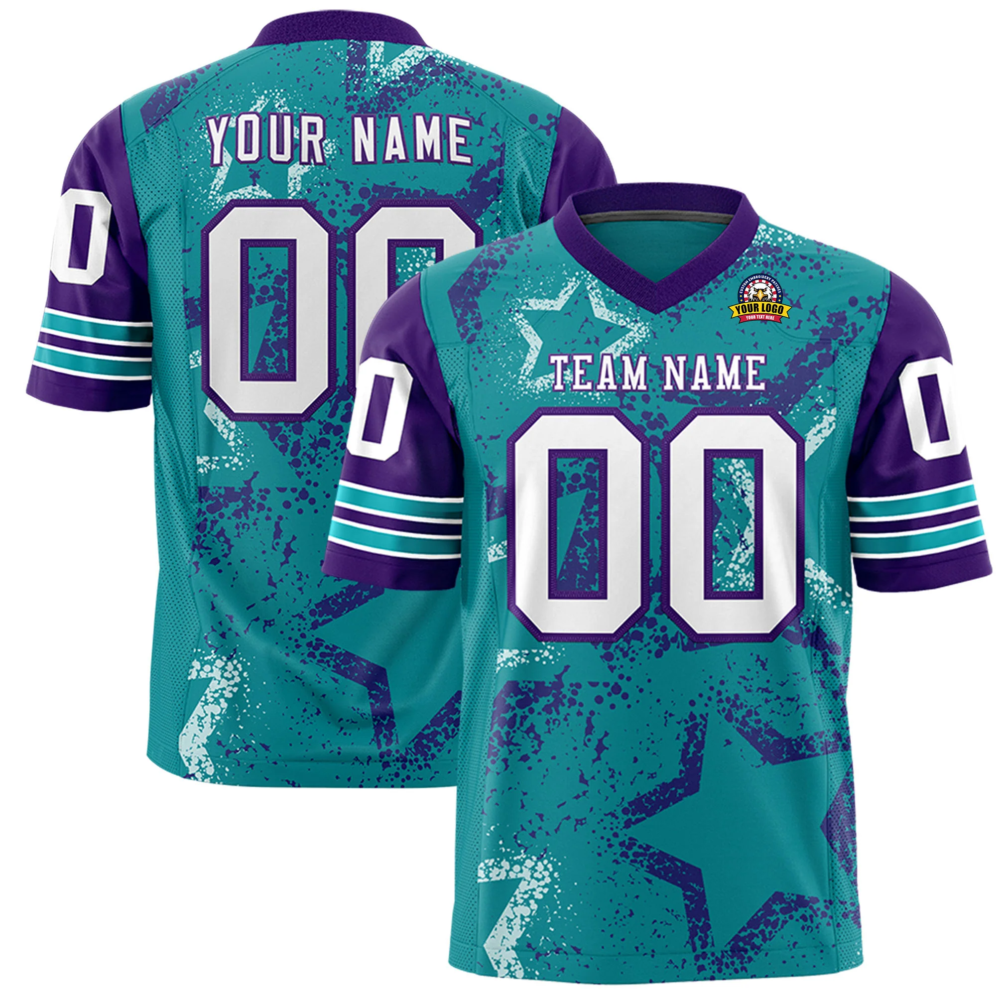 Custom Aqua White-Purple Mesh Star Football Jersey