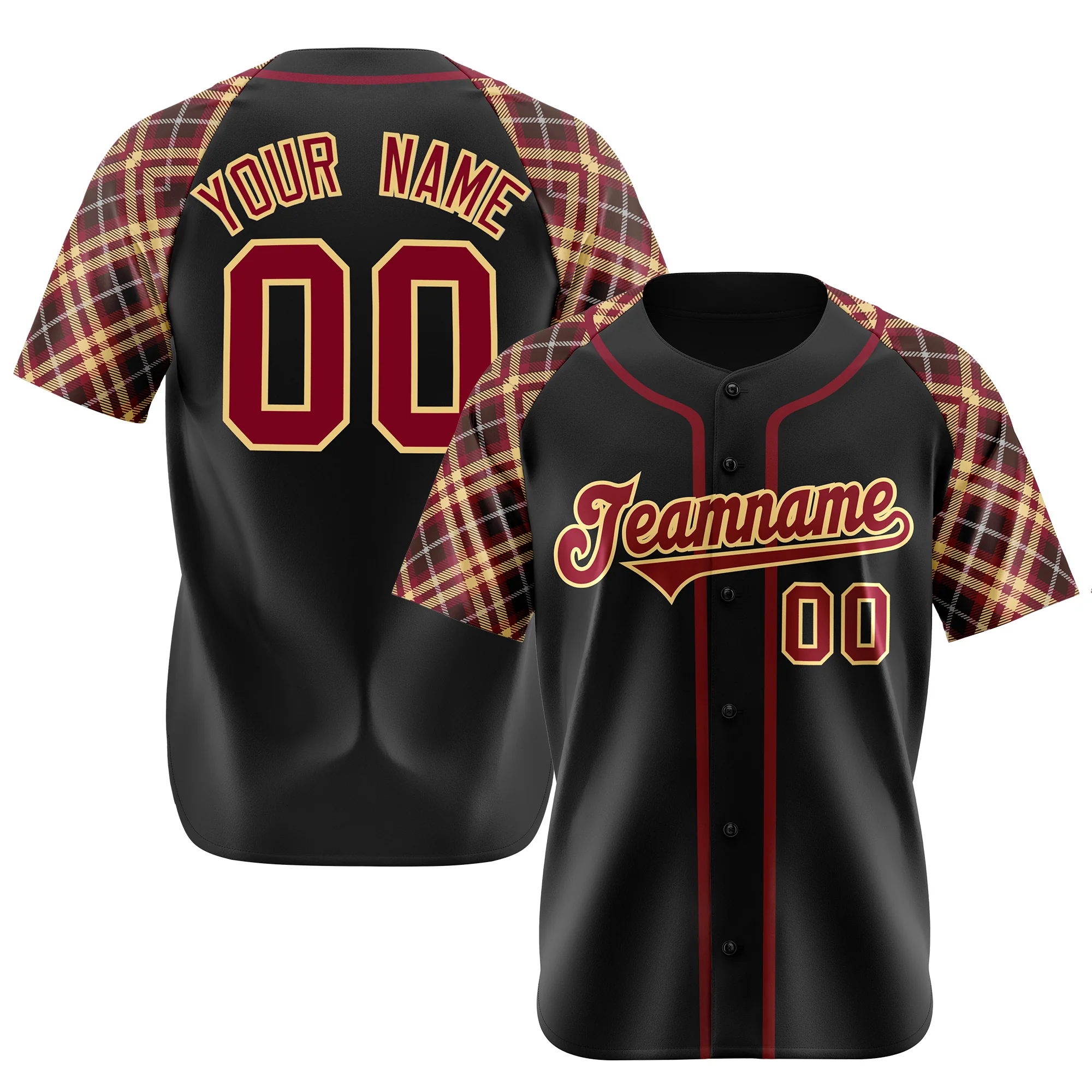Custom Black Crimson Authentic Plaid sleeve Baseball Jersey