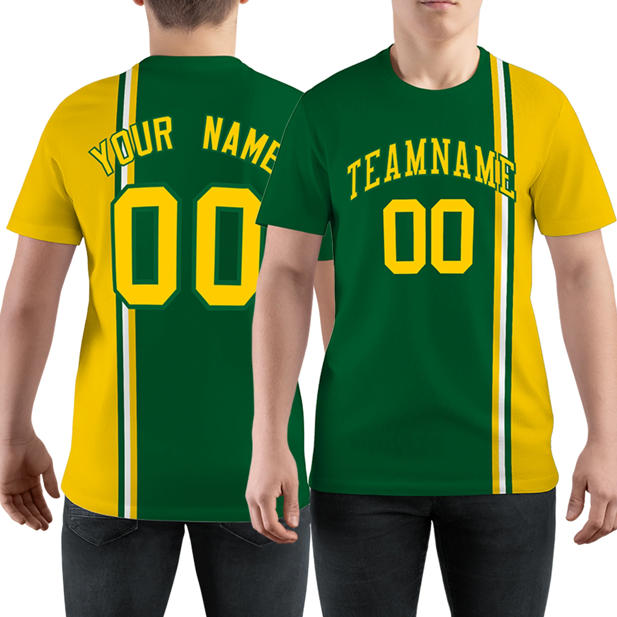 Custom Kelly Green Gold-White-Gold Crew neck Color Contrast Design T-Shirts